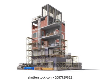 Building In Half Of Construction With A Finished Building Facade On White Background. 3d Illustration