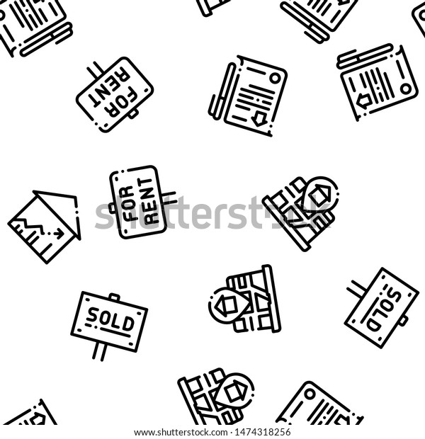 Building House Sale Seamless\
Pattern . Building Sale And Rent Tablet, Web Site, Smartphone\
Application Linear Pictograms. Garage, Skyscraper, Truck Cargo\
Illustration
