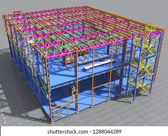 Building Information Model of metal structure. 3D BIM model. The building is of steel columns, beams, connections, etc. 3D rendering. Engineering, industrial, construction BIM background.