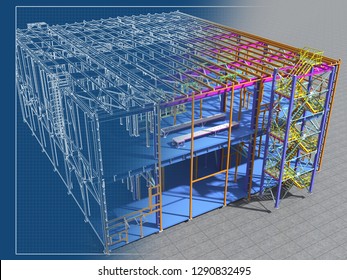 Building Information Model of metal structure. 3D BIM model. The building is of steel columns, beams, connections, etc. 3D rendering. Engineering, industrial, construction BIM background.