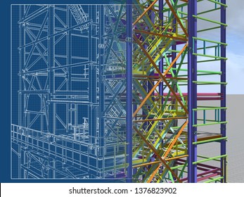 Building Information Model of metal structure. Design technologies of the future. 3D BIM parametric building.Engineering Graphics. 3D rendering.