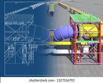 Building Information Model of metal structures of the gas pipeline. 3D BIM model. The building is of steel columns, beams, connections, tubing, etc. 3D rendering. BIM background.