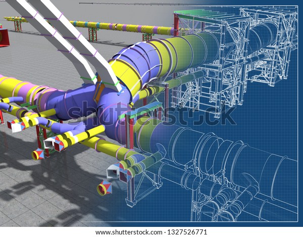 Building\
Information Model of metal structures of the gas pipeline. 3D BIM\
model. The building is of steel columns, beams, connections,\
tubing, etc. 3D rendering. BIM\
background.