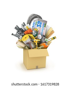 Building Materials And Constraction Tool In The Cardboard Box Isolated, 3d Illustration