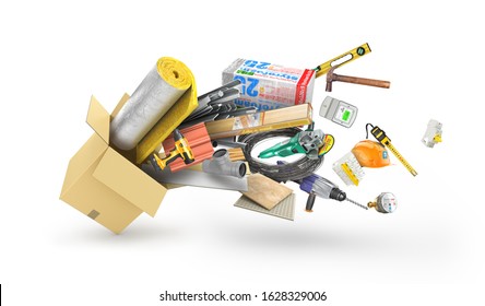 Building Materials And Constraction Tool In The Cardboard Box Isolated, 3d Illustration