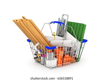 Building Materials In The Shopping Basket Isolated On White Background. 3D Illustration