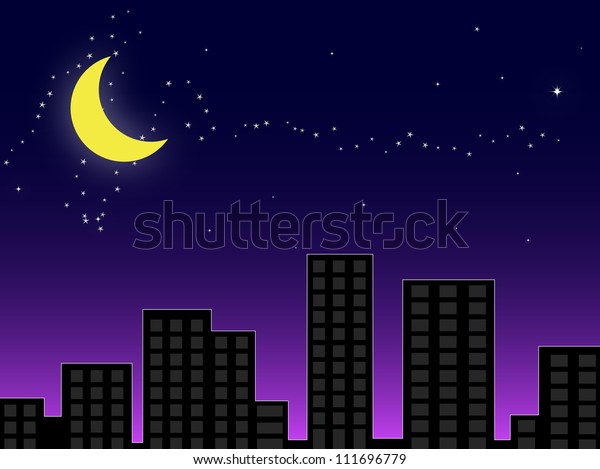 building and night sky\
with stars and\
moon