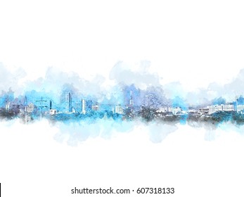 Building On Watercolor Background. City On Watercolor Background, Watercolor Painting