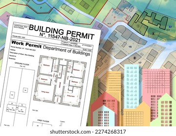 Building Permit concept with imaginary General Urban Plan and cadastral map