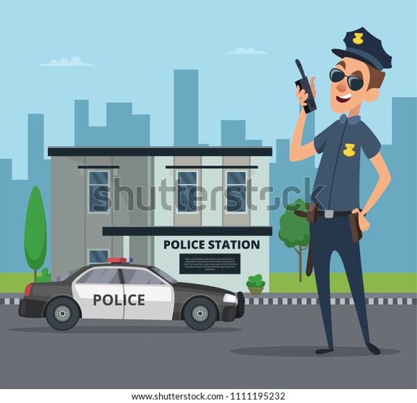 Building of police\
station and cartoon character of policeman. Policeman officer\
cartoon cop,\
illustration