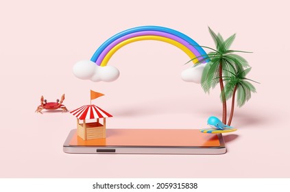 Building Shop Store Front With Mobile Phone, Smartphone, Palm Tree, Whale, Crab, Rainbow, Cloud, Surfboard Isolated On Pink Background. Online Shopping Summer Sale Concept, 3d Illustration, 3d Render