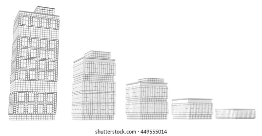 Building Sizes Design Model, 3d Illustration, Horizontal, Over White, Isolated