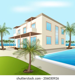 building a small hotel with sea and palm trees in perspective - Shutterstock ID 206030926