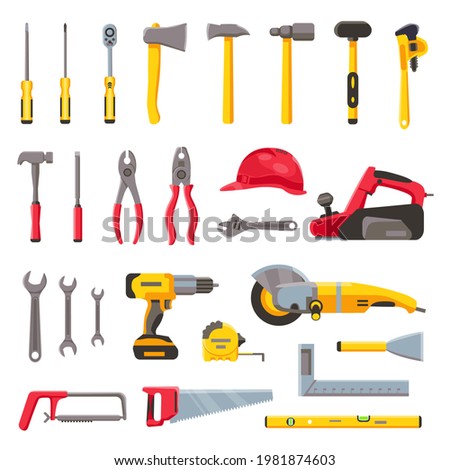 Building tools. Construction hardware, screwdriver, hammer, saw and drill, builder helmet and electric equipment. Repair toolkit  set. Illustration drill and hammer, hardware tool equipment