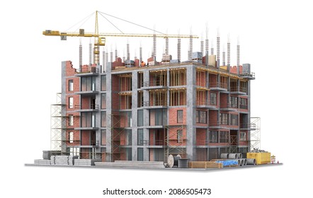 Building Under Construction On White Background. 3d Illustration