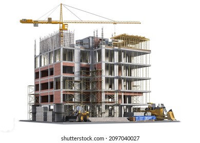 Building Under Construction On White Background. 3d Illustration