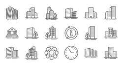 Buildings Line Icons. Bank, Hotel, Courthouse. City, Real Estate, Architecture Buildings Icons. Hospital, Town House, Museum. Urban Architecture, City Skyscraper. Linear Set. Quality Line Set.