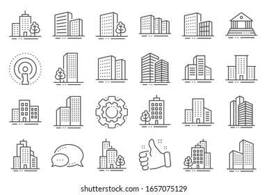 Buildings line icons. Bank, Hotel, Courthouse. City, Real estate, Architecture buildings icons. Hospital, town house, museum. Urban architecture, city skyscraper, downtown. Line signs set.