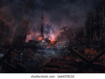 Buildings on the street destroyed by  war conflict clashes. Ruined abandoned city after war battle attack. Russia, Turkey, Syria military forces confrontation. Peace and stop war escalation 3D concept