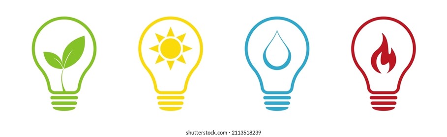 Bulbs Symbolizing The Different Types Of Alternative Energy. Illustration.