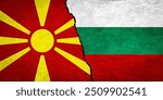 Bulgaria and North Macedonia flags on textured wall. Relation between Bulgaria and North Macedonia