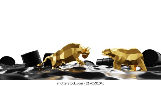 Bull And Bear With Crude Oil Isolated On White Background 3D Render