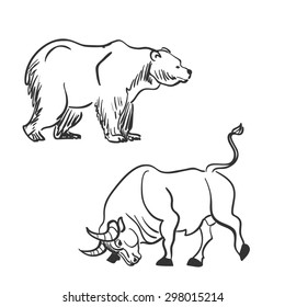 Bull And Bear Financial Doodle Icons.