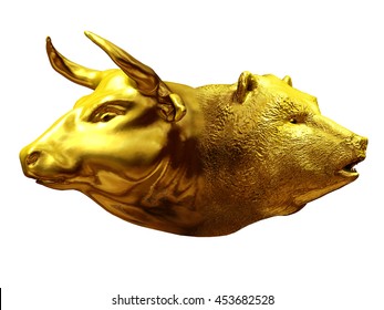 Bull And Bear As A Janus Head In Gold, A Symbol Of The Forces On The Stock Exchange, 3D Illustration