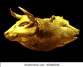 Bull And Bear As A Janus Head In Gold, A Symbol Of The Forces On The Stock Exchange, 3D Illustration