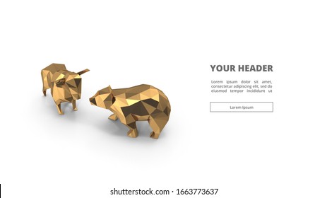 Bull And Bear Low Poly. 3d Illustration. Gold. Digital Polygon. Web Design. Main Page. Visual. Key Visual. Animals And Wild. Trading. Forex. Cryptocurrency. Golden. Statue And Figure. Isolated. White