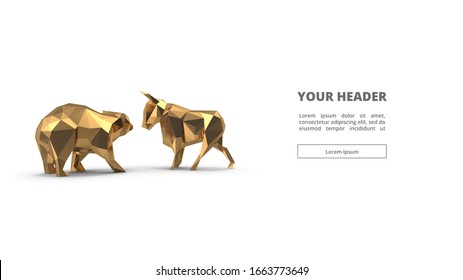 Bull And Bear Low Poly. 3d Illustration. Gold. Digital Polygon. Web Design. Main Page. Visual. Key Visual. Animals And Wild. Trading. Forex. Cryptocurrency. Golden. Statue And Figure. Isolated. White