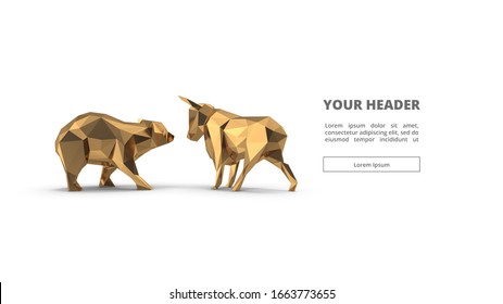 Bull And Bear Low Poly. 3d Illustration. Gold. Digital Polygon. Web Design. Main Page. Visual. Key Visual. Animals And Wild. Trading. Forex. Cryptocurrency. Golden. Statue And Figure. Isolated. White