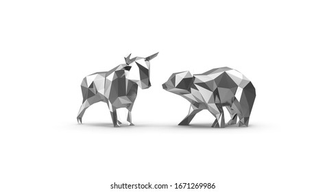 Bull And Bear Low Poly. 3d Illustration. Silver. Digital Polygon. Visual. Key Visual. Animals And Wild. Trading. Forex. Cryptocurrency. Golden. Statue And Figure. Isolated. White Background