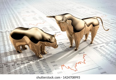 Bull and bear on a financial newspaper - 3D illustration