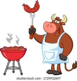 Bull Chef Cartoon Mascot Character Holding Sausage On Fork By A Barbecue. Raster Illustration Isolated On White Background