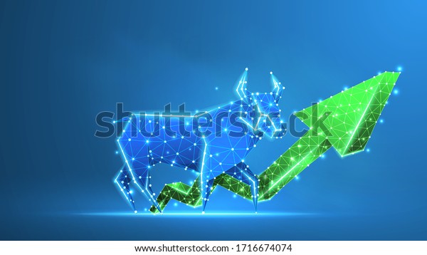 Bull market\
trend, green growth arrow. Stock Exchange and concept of a trading\
chart. Low poly, wireframe 3d Raster illustration. Abstract\
polygonal image on blue neon\
background