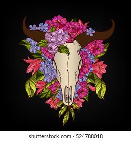 Bull skull decorated with flowers tattoo or t-shirt print concept.