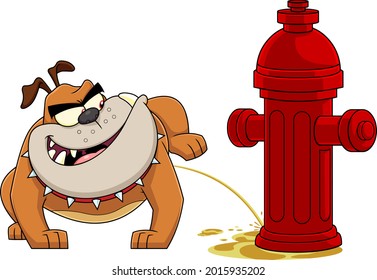 Bulldog Cartoon Mascot Character Peeing On A Fire Hydrant. Raster Hand Drawn Illustration Isolated On Transparent Background