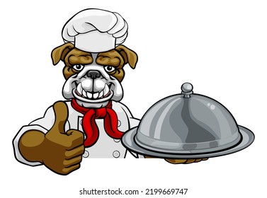 A Bulldog Chef Mascot Cartoon Character Holding A Silver Platter Cloche Dome Of Food Peeking Round A Sign And Giving A Thumbs Up