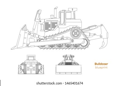 Bulldozer in outline style. Front, side and back view of digger. Building machinery image. Industrial isolated drawing of  dozer. Diesel vehicle blueprint