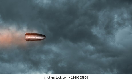 Bullet Flying On Background Of Dark Cloud Sky.
Slow Motion Of Bullet On Foreground.
3D Illustration