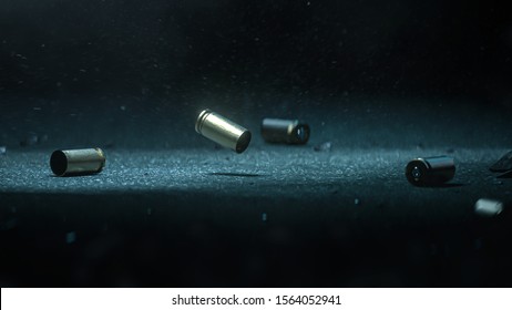 Bullet shells ground. Cases of bullets lying on the floor of asphalt - 3D Render