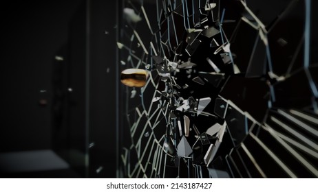 The Bullet Shot To Broken Mirror In Slow Motion Close Up With 3d Rendering.