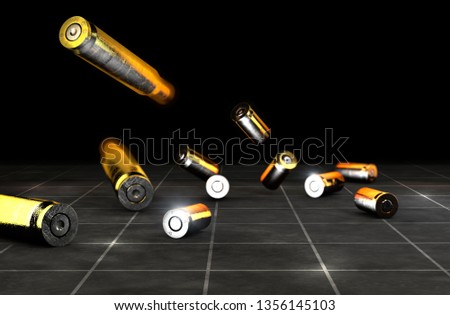 Bullets and shells of a firearm, 45-50 mm. Gun ammunition on a black background. 3d rendering. Campaign against firearms