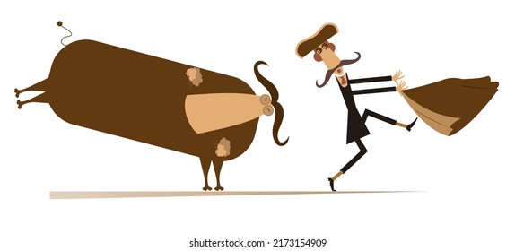 Bullfight. 
Bull Pursues A Scared Bullfighter Who Holding Matador Cape. Isolated On White Background
