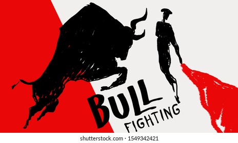 Bullfighting. Corrida. Graphic silhouettes of the bull and toreador.Spain traditional performance with matador and bull.