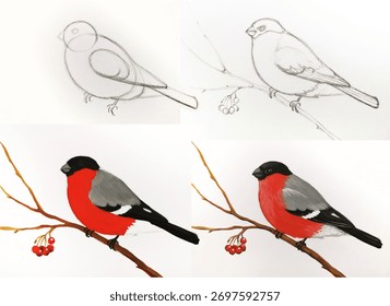 Pasos tutoriales dibujo Bullfinch