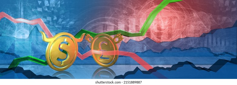 Bullish Usd Stopped By Bearish Gbp. Foreign Exchange Market 3d Illustration Of United States Dollar To British Pound. Currency Represented As Golden Coins