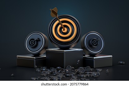 Bullseye Arrow Sign 3d Rendering Abstract Look Dark Realistic Iconic Background With A Podium Stage