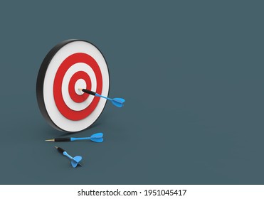 Bullseye Target, Blue Dart Hitting On Bullseye, Blue Gray Background, 3D Rendering